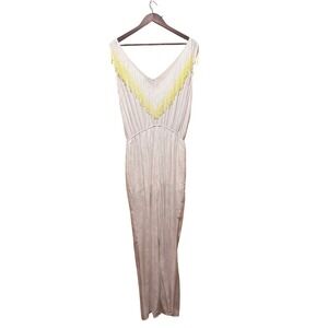 Sydne Womens White Floral Jacquard Yellow Fringe V-Neck Wide Leg Jumpsuit Size M